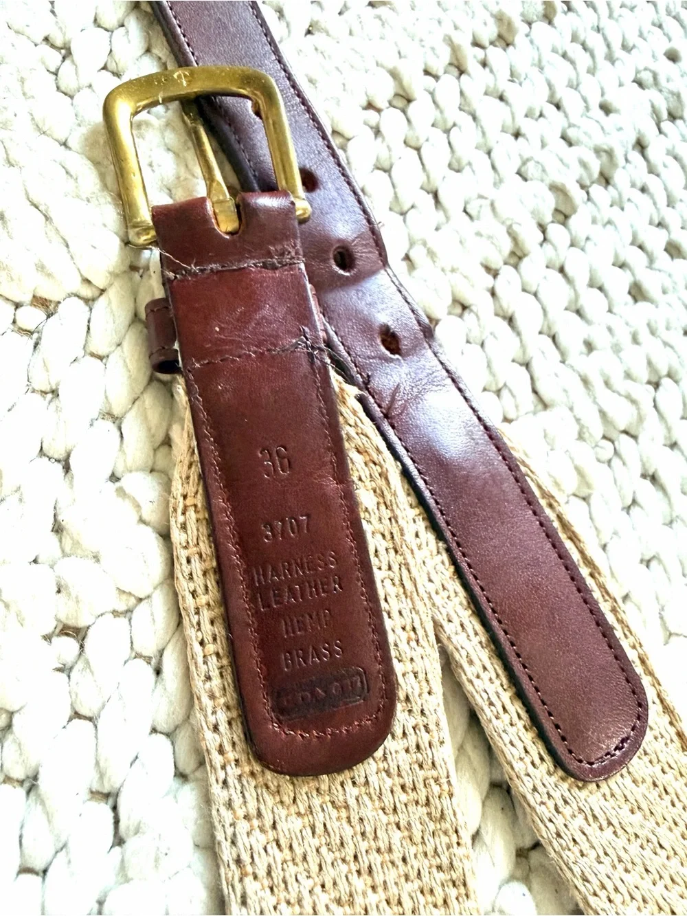 COACH Harness Leather Hemp & Brass Beige Tan Woven Belt 3707 Mens Size 36 EUC